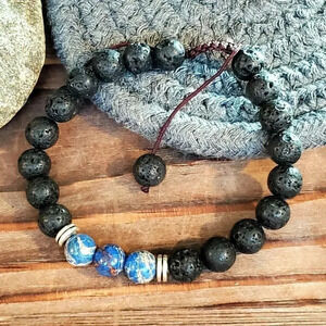 Hand Crafted Chakra Bracelet Blue Aqua Terra Jasper Black Lava